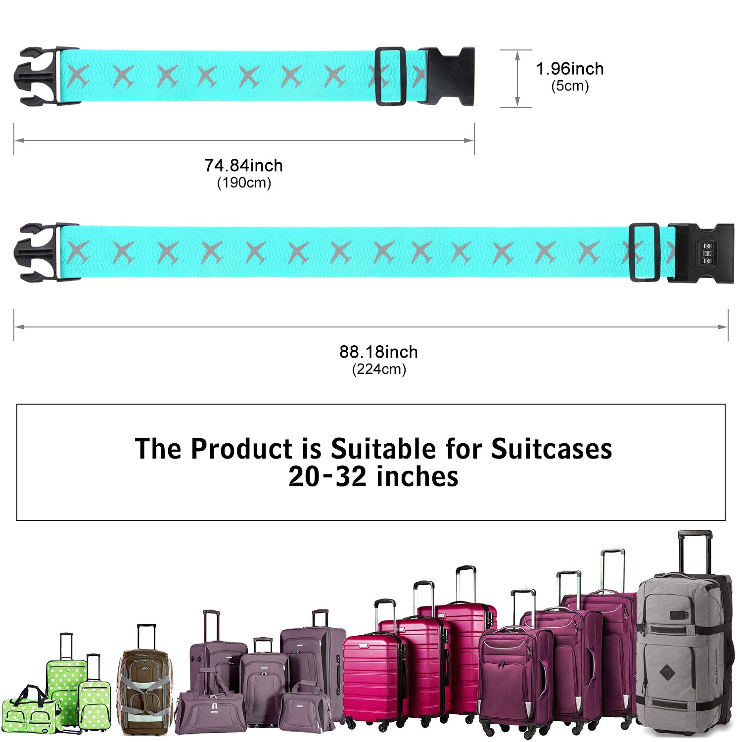 FORMIZON-Sangle-de-Bagage-avec-Serrure--Combinaison-Sangle-Valise-Rglable-Ceinture-Scuris-Sangle-Croise-Voyage-Accessoires-pour-20-32-Valise-Bagage-Scurit-Vert-Rose-Rouge