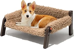 MEWOOFUN Canapé-lit surélevé pour chiens de petite taille, lit respirant avec housse amovible et lavable, fond antidérapant, 61 x 53 x 28 cm, marron, L