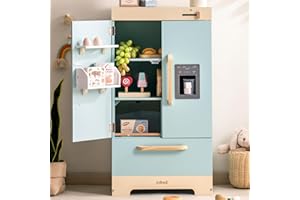 ROBUD Wooden Toy Refrigerator – Realistic & Interactive Fridge with Ice Dispenser and Food Accessories – for Kids Ages 3+