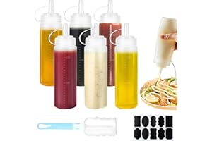 CoKeeSun 6 Stück Squeeze Flasche, 250ml Quetschflasche mit Kappen, 8oz Saucenflasche, Kein Leck Condiment Flaschen mit Reinigungsbürste für Backen Ketchup Scharfe Soße Olivenöl Senf Malen Pigment