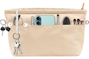 Zyluniy Organizador Bolsos de Mujer, Organizador Interior con 13 Bolsillos y Cremallera, Organizador De Bolsos Con Llavero De Nylon con Llavero para Cosméticos, Móvil, Cartera