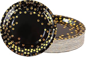 AHPYEUHK 50 PCS Assiette Jetable Anniversaire pour 2025 nouvelle année 17,8cm Assiettes en Carton Papier Party Vaisselle Jetable pour Decoration BBQ Party Fête Mariages Camping (Noir et or)