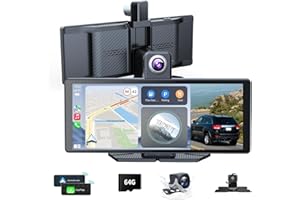 Tucarwyi 10.26" Wireless Portable Carplay Screen CarPlay & Android Auto Car Stereo 360 Rotation 4K Dash Cam 1080p Rear Camera Mirror Link Voice Control, GPS Navigation, FM Radio Receiver