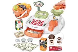 Sotodik Caisse Enregistreuse Jouet, 36 Pièces, Supermarché, Scanner, Calculatrice, Lecteur de Carte, Jaune