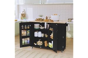 HOLTICO Kitchen Island on Wheels, Kitchen Trolley Storage Islands & Carts with Extendable Rubberwood Worktop, Black Rolling Kitchen Island Breakfast Bar with Drawers and Spice Rack