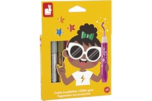 Janod - 9 tubos de pegamento con purpurina para niños - Alta densidad de purpurina - Colores surtidos, incluyendo oro y plata - Ideal para manualidades, dibujo y actividades creativas-De 3 años-J07418