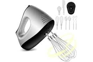 VIYSPNV 500-W-Handmixer mit 5 Geschwindigkeitsstufen und Turbofunktion, elektrischer Handmixer mit 6 Aufsätzen: Schneebesen, Knethaken, Eierquirl, Eiertrenner, Spatel und Aufbewahrungsständer