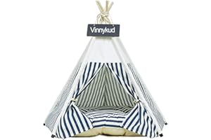 Vinnykud Pets Teepee Dogs Tent Stripes Removable and Washable Cats Tents Dog/Cat Bed Play House With Cushion (Blue, M:50x50x60cm)