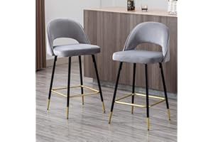 ‎WAHSON OFFICE CHAIRS Wahson Samt Barhocker 2er Set Küchenstühle Frühstücksküche Thekenstühle mit Rückenlehne und Metallbeinen für Küche/Hausbar, Grau