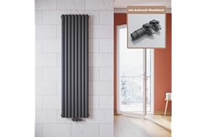 ELEGANT Radiatore verticale antracite, 1800 x 472 mm, con termostato multiblocco antracite, design termosifone a doppio strato, radiatore per bagno, collegamento centrale