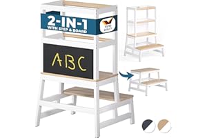 Spielwerk® Step Stool with Chalkboard & Eraser | 100 KG Weight Capacity | Safety Rail | Kitchen Foot Stool | Toddler Toys | Learning Tower for Home and Kitchen | 93 x 51 x 50cm | White