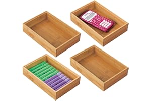 mDesign Set da 4 organizer ufficio larghi – Pratico contenitore ufficio in bambù per evidenziatori, promemoria e cancelleria – Organizer scrivania perfetti come divisori cassetti – naturale