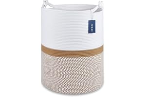COMSE Extra Large Blanket Basket, Tall Woven Storage Basket, Nursery Hamper, 40 x 55 CM, Cotton Rope Laundry Hamper for Toys Clothes Towels, Blend White/Khaki