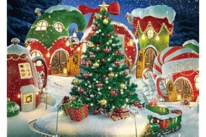 BUTEN Cartoon Christmas Village Photography Backdrop Winter Snow Pine Tree Background Xmas Fairy Tale Animated Kid Party Photo Booth Banner Background (7x5FT)