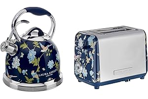 Laura Ashley Ensembles Bouilloire et Grille-Pain par VQ – Bouilloire Sifflante en Inox 2,5 L pour Feux Tous Types & Grille-Pain 2 Tranches avec Fonctions Décongélation et Réchauffage – Elveden Bleu
