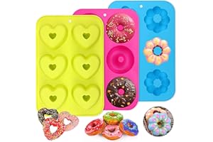 PHOGARY 3 Stück Silikon Donutformen, 6 Hohlräume Donut Backform Antihaft-Backblech, 260℃ Hitzebeständig, für Kuchen, Kekse, Bagels, Muffins (Runde, Blumen und Herz)