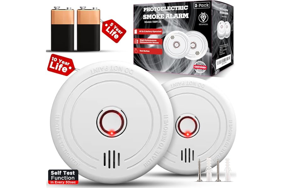 2 Pack Smoke Alarms for Home – 10-Year Life Fire Alarms with 5-Year Replaceable Battery, EN14604 Certified Photoelectric Smoke Detector with Silence Button, LED Light, for Kitchen, Caravan, Office