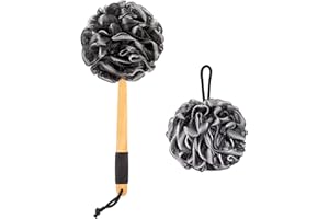 VANZAVANZU 2 Piezas de eEsponja de Lufa para Ducha en un Palo, Esponjas de Lufa de Baño, Exfoliante Corporal de Malla Suave, con Mango Largo Antideslizante de Madera, para Hombres y Mujeres (Negro+Blanco)