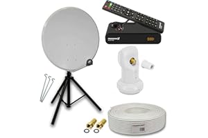 PremiumX Camping Satelliten-Komplettanlage 60cm Antenne Hellgrau SAT Single LNB Dreibein-Stativ TV Kabel Sat-Receiver HDMI-Kabel