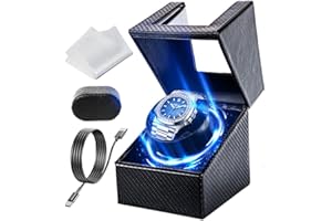 GZIZTX Single Automatic Watch Winder with LED Light, Watch Winders for 1 Watches with Quiet Motor, Soft Flexible Watch Pillow,5 Rotation Modes USB Cable(Black Red-LED Carbon Fiber）