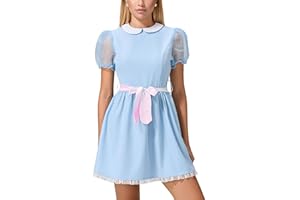WangsCanis Women Grady Twins Costume Short Puff Sleeve Halloween Blue Doll Dress Sister Twins Cosplay Lolita Mini Dress