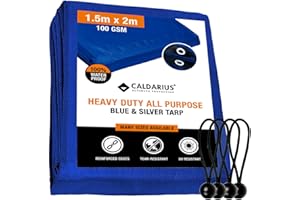 CALDARIUS Tarpaulin Heavy Duty Tarp Waterproof Furniture Caravan Cover Sheet Reinforced Eyelets Premium Quality - TRUSTED BRITISH BRAND (BLUE/SILVER 100GSM, 1.5 x 2 m | 4.9 x 6.5 ft)