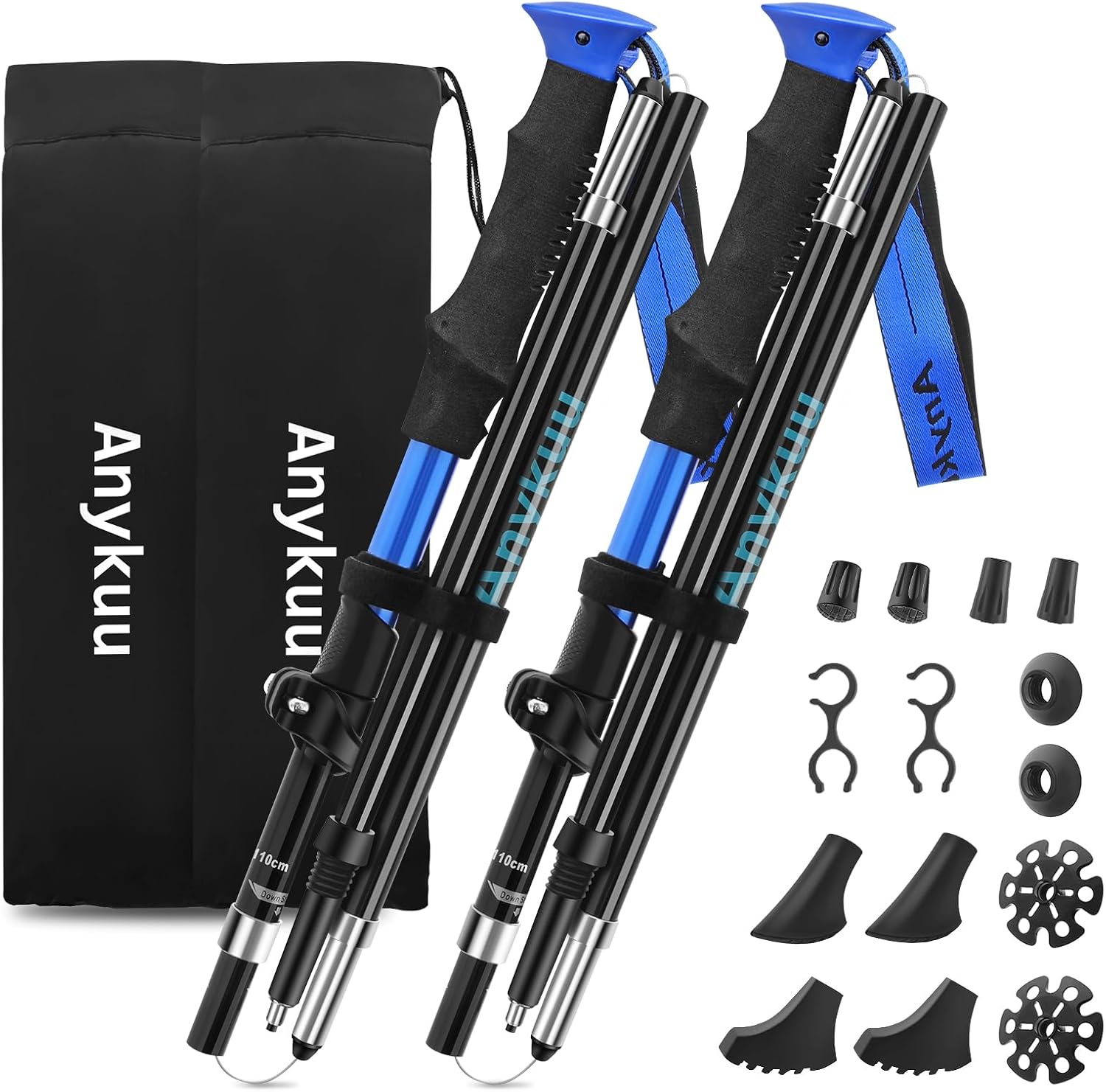 Anykuu 7075 Bastones de Senderismo de Aleación de Aluminio 2pcs y EVA Bastones Trekking Bastones Marcha Nordica Plegables Ajustar la Longitud 110-130CM para Senderismo Viaje Alpinismo Trail
