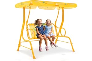 ‎COSTWAY COSTWAY Kinder Hollywoodschaukel, 2-Sitzer Kinderschaukel mit verstellbarem Sonnendach & Metallgestell, Gartenschaukel mit Sicherheitsgurten, Schaukelbank Gartenbank für Kinder (Gelb)