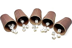 DELALO Würfelbecher Leder | 5er Set mit 30 Würfeln (16mm) | Handgefertigte Premium Echtleder Becher Braun (9cm x 7cm)