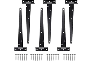 Justech 6PCs 10" Heavy-Duty T-Hinge Tee Shed Hinge Set T-Strap Hinges Black Forged Metal Iron Gate Door Barn Hardware with Screws
