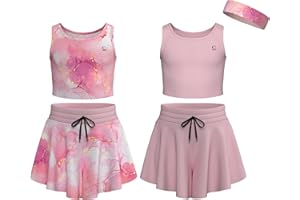 Essenclo Flowy Girls Butterfly Shorts Skirts w/Pockets & Athletic Sleeveless Tank Tops, Dance Tennis Cheer Running (5pc Set)