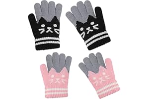 EMMEXX Truem 2 Pares Uantes Mágicos Cálidos para Niños de Invierno,Guantes de Punto Niño, Guantes de Punto a Rayas con Patrón Gato Manoplas Niños Niñas de 3 a 8 Años para Uso Diario en Invierno, Negro/Rosado