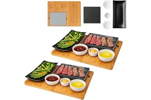CAWI Lavastein deska do steków, 2 zestawy, taca do serwowania, deska bambusowa z grillem Hot Stone, płyta grillowa do steków, płyta kamienna, grill stołowy