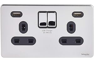 Schneider Electric Ultimate Screwless Flat Plate - Switched Double Power Socket, With USB Charging Ports, 13A, GGBGU3424DBPC, Polished Chrome With Black Insert