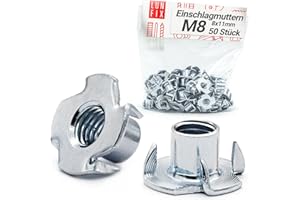 Dadi a T M8 x 11 mm, 50 pezzi acciaio zincato, dado a quattro punte per legno, inserti filettati per mobili, boccole filettate per legno, ferramenta professionale per artigiani Lun Fix