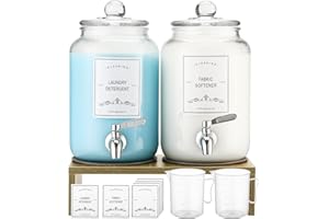 CYYKDA 0.9 Gallon Laundry Detergent Dispenser- Liquid Laundry Detergent Dispenser with Stand- Glass Fabric Softener Dispenser- Laundry Soap Dispenser- Glass Jars Laundry Room Organization and Storage