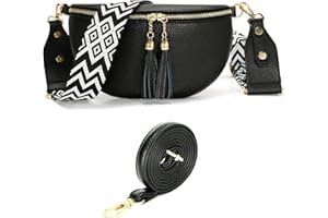 YISUOHOOM Crossbody Bag Damen Breiter Gurt Leder Bauchtasche Damen Stylisch Umhängetasche Klein Schwarz Mit 2 Trageriemen，Kreditkartenfach