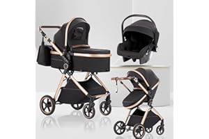 Lnhcrbs Poussette 3 en 1 avec Nacelle, Poussette de Voyage's Nacelle est Pliable, Trio Poignée est Réglable, les Roues sont en Matériau PU, pour Enfant de la Naissance à 3 Ans-Noir Or