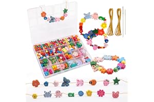 SUNRIZ Holzperlen zum Auffädeln, Bunt Perlen zum Auffädeln Kinder, Blumen und Tiere Holzperlen mit Schnur, für DIY Armbänder Bastelset Schmuckherstellung (Bunte-530 Stück)