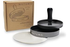 NATUMO Burgerpresse Set aus Hamburgerpresse und Burger Papier (50x Trennpapier), Burger Maker aus Aluguss (Ø 11cm, 200g), Profi Burger Pattie Presse mit Antihaftbeschichtung (Gunmetal)