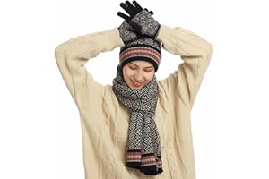 Hilmocho Damen Mütze Schal Handschuh Sets Winter Warm Gestrickt Hut Halsträger Touchscreen Handschuhe Fleece Gefüttert 3 in 1 Kaltwetter Set
