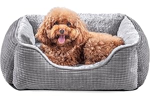 JOEJOY Medium Dog Bed Washable Pet Bed, Orthopedic Calming Dog with Raised Edges Rectangle Bed Non-Slip Bottom Puppy Bed, Soft Rose Velvet Pet Bed For Medium Dogs, Grey, 63x53x21 cm