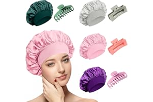 SOMLAW 4 Piezas Gorro Saten Pelo Rizado con Pinzas pelo Grande, Gorro Seda Dormir Elástico, Gorra de Noche para Mujeres Reutilizable con Cabello Largo y Rizado, Ajustable Gorros de Satén con Banda Ancha