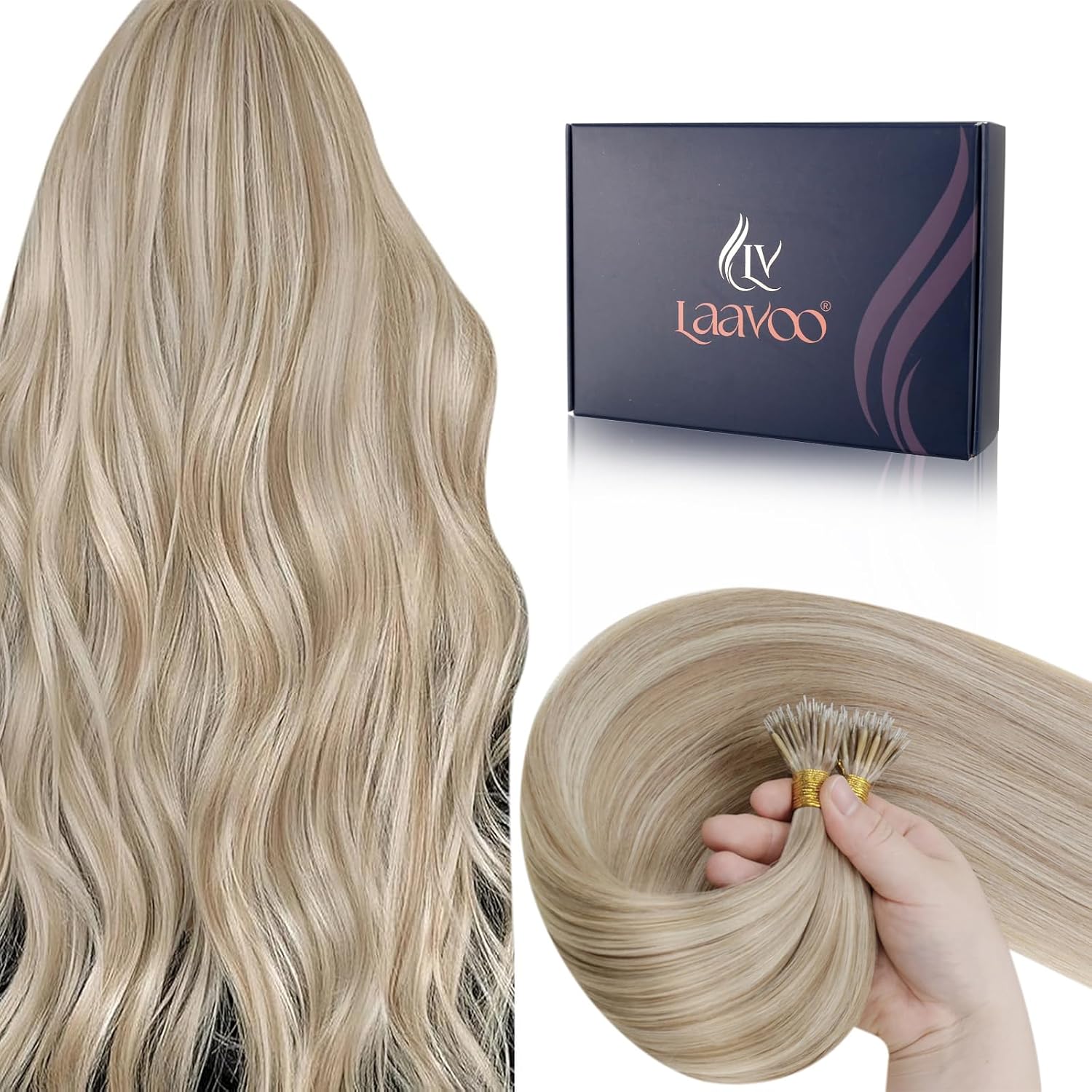 LaaVoo Nano Beads Hair Extensions Human Hair Nano Hair Extensions Blonde Invisible Nano Ring Straight Remy Highlight Medium Blonde Real Hair 50g 50s 14 Inch #18/613