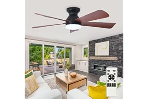 Depuley Modern Ceiling Fan with Light: 42-Inch Black Small Fans for Bedroom Indoor Outdoor - Dimmable Flush Mount Low Profile Ceiling Fans with Remote Control 5 Reversible Walnut Blades 6 Speeds Timer