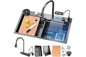 HZKSINNK Fregadero de Cocina de 1 Cubeta 85x45 cm, Negro cascada Fregadero de Acero Inoxidable, con Grifo Cocina Extraible, cesta de drenaje, sifón, rebosadero y desagüe así como otros accesorios