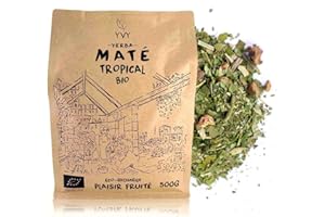 YVY MATÉ Yerba Mate Bio Tropical 500g | Maté Bio Équitable et Non Fumé | Sans Tige | Maté doux, fruité et tonifiant | Idéal pour consommation quotidienne | Boisson fruitée énergisante