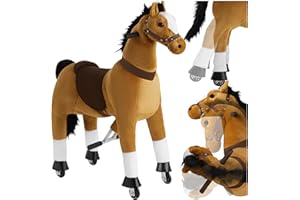 Tectake® Cheval à Bascule et à Roulettes - Poney Jouet et Cadeau pour Enfant 3-12 Ans (2 Tailles) - Animal à Bascule Avec Selle et Harnais - Porteur pour Maison et Extérieur