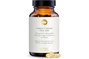 ‎SUNDAY NATURAL SUNDAY NATURAL® Omega 3 Vegan - 120 Softgel Kapseln - 1.000 mg Algenöl pro Tagesdosis: 350 mg DHA und 180 mg EPA - Leicht schluckbare Omega 3 Kapseln hochdosiert - Laborgeprüft