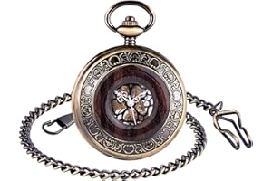 Unendlich U Herren Unisex Mechanische Taschenuhr Mit Kette Holz Aushöhlen Zurück Skeleton Dial Römische Ziffern Vintage Style Halskette Kettenuhr